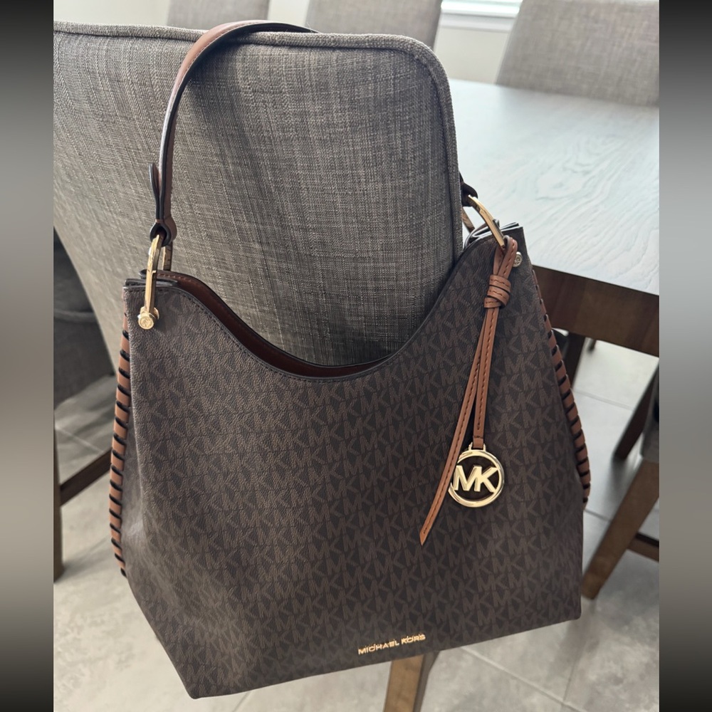 Michael Kors Brown Logo Shoulder Bag with Tan Accents